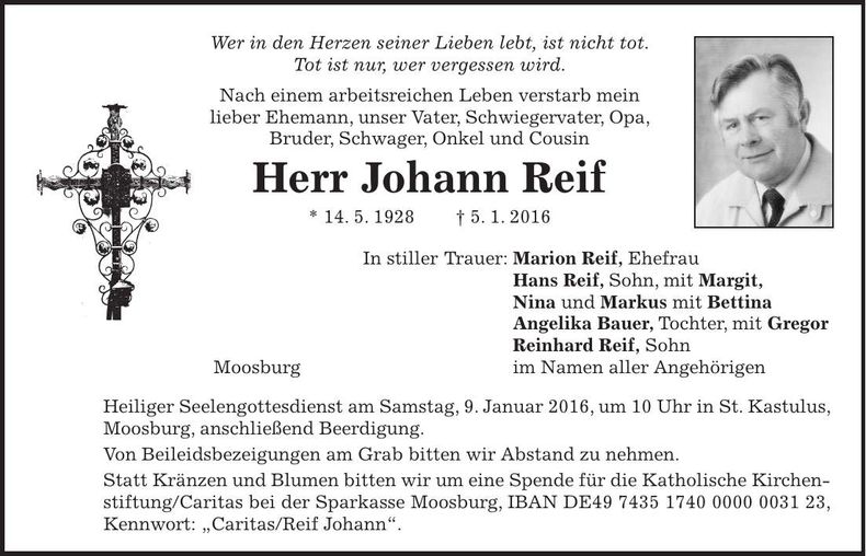 Traueranzeige Johann Reif