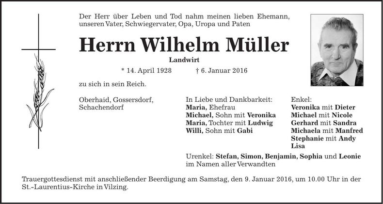 Traueranzeige Wilhelm Müller
