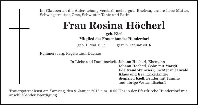 Traueranzeige Rosina Höcherl