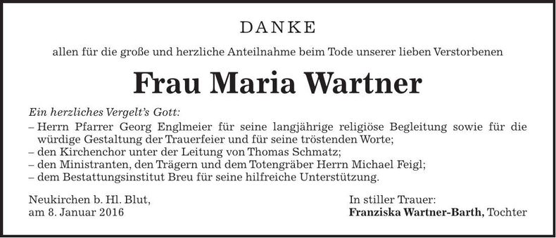 Traueranzeige Maria Wartner