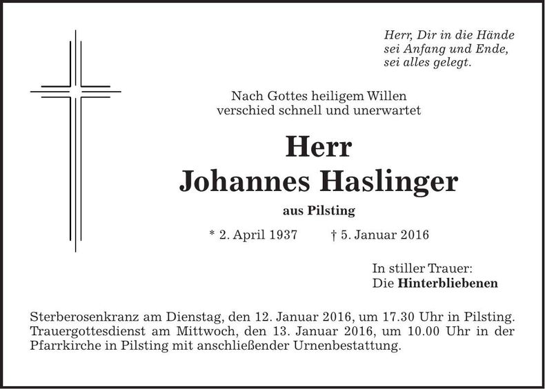 Traueranzeige Johannes Haslinger