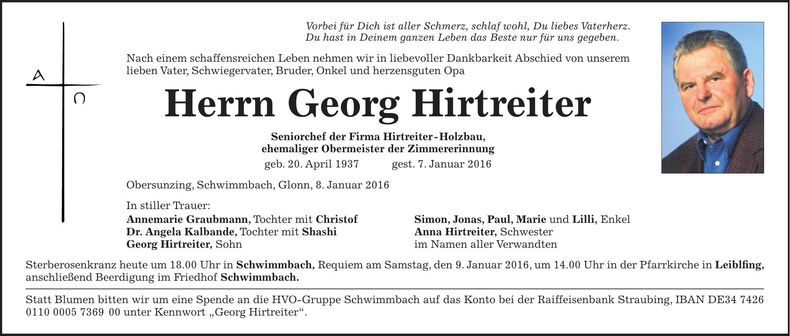 Traueranzeige Georg Hirtreiter
