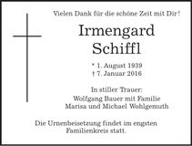 Traueranzeige Irmengard Schiffl