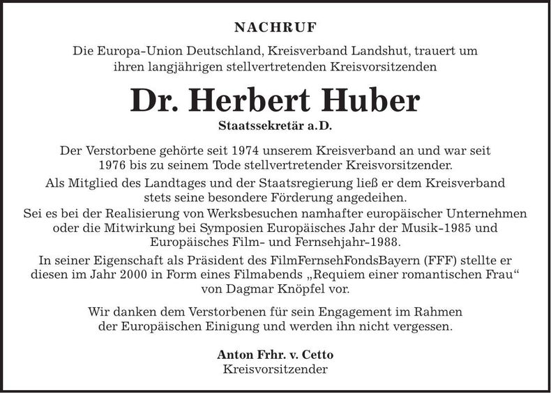 Traueranzeige Herbert Huber