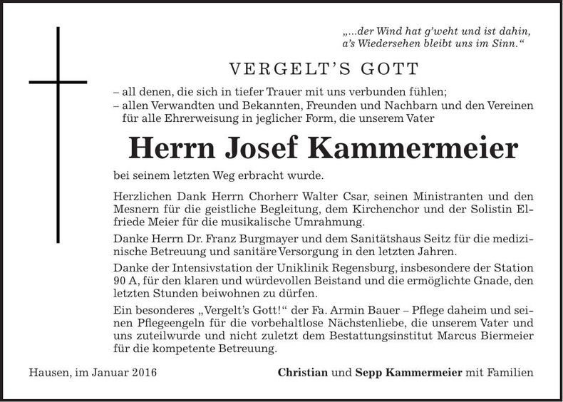 Traueranzeige Josef Kammermeier