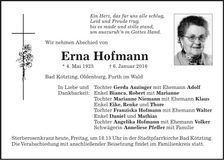 Traueranzeige Erna Hofmann