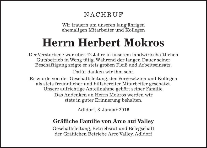 Traueranzeige Herbert Mokros