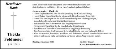 Traueranzeige Thekla Feldmeier