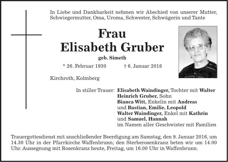 Traueranzeige Elisabeth Gruber