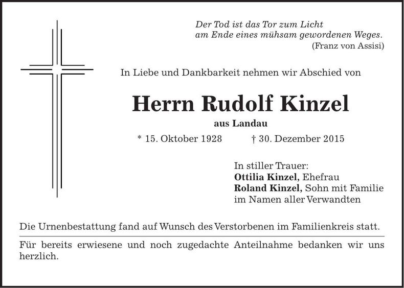 Traueranzeige Rudolf Kinzel