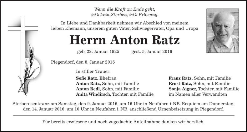 Traueranzeige Anton Ratz