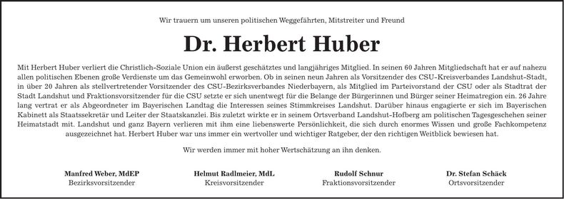 Traueranzeige Herbert Huber