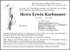 Traueranzeige Erwin Karbaumer