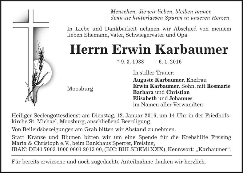 Traueranzeige Erwin Karbaumer