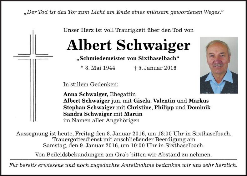Traueranzeige Albert Schwaiger