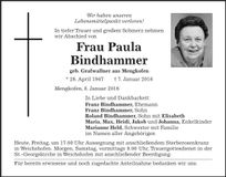 Traueranzeige Paula Bindhammer