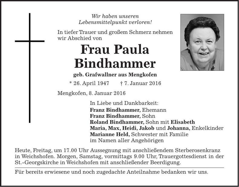 Traueranzeige Paula Bindhammer