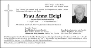 Traueranzeige Anna Heigl