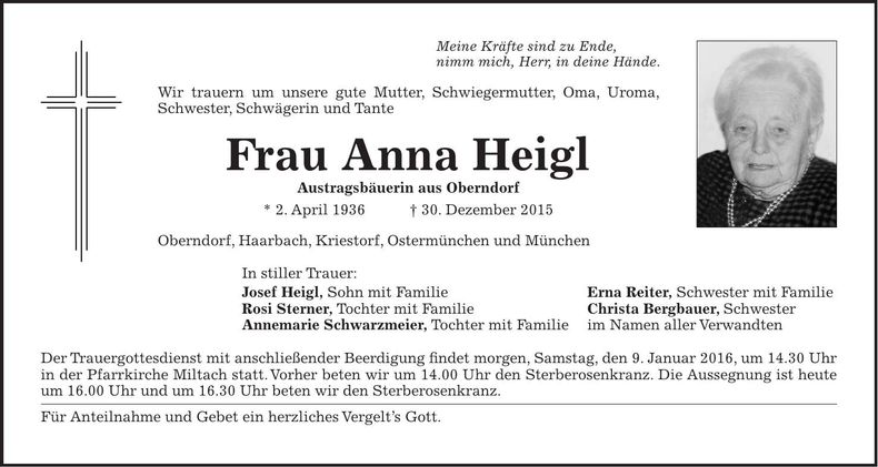 Traueranzeige Anna Heigl