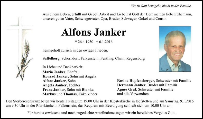 Traueranzeige Alfons Janker