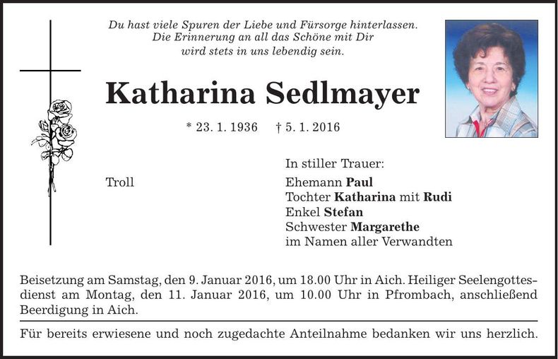 Traueranzeige Katharina Sedlmayer