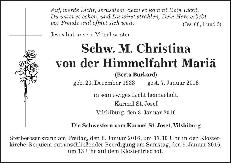 Traueranzeige Berta Burkard
