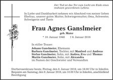 Traueranzeige Agnes Ganslmeier