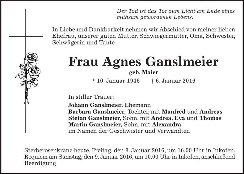 Traueranzeige Agnes Ganslmeier
