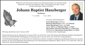 Traueranzeige Johann Baptist Hausberger