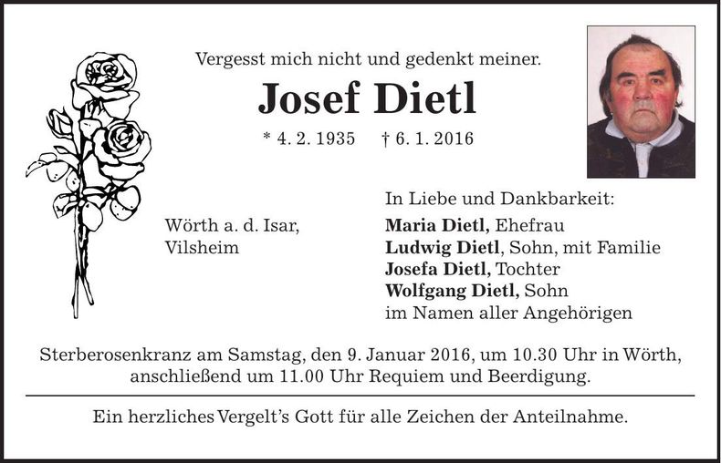 Traueranzeige Josef Dietl