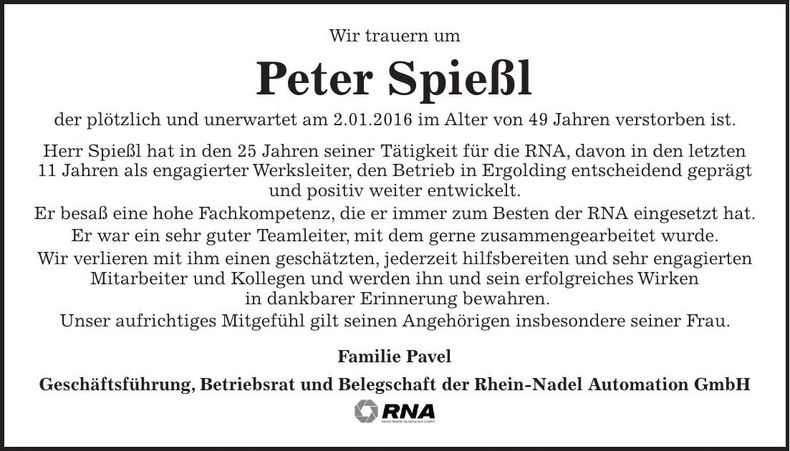 Traueranzeige Peter Spießl