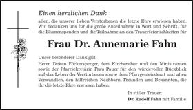 Traueranzeige Annemarie Fahn