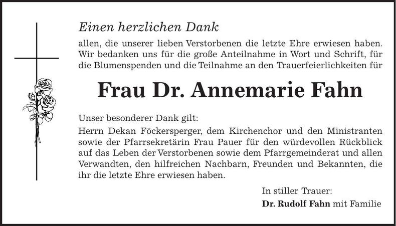 Traueranzeige Annemarie Fahn
