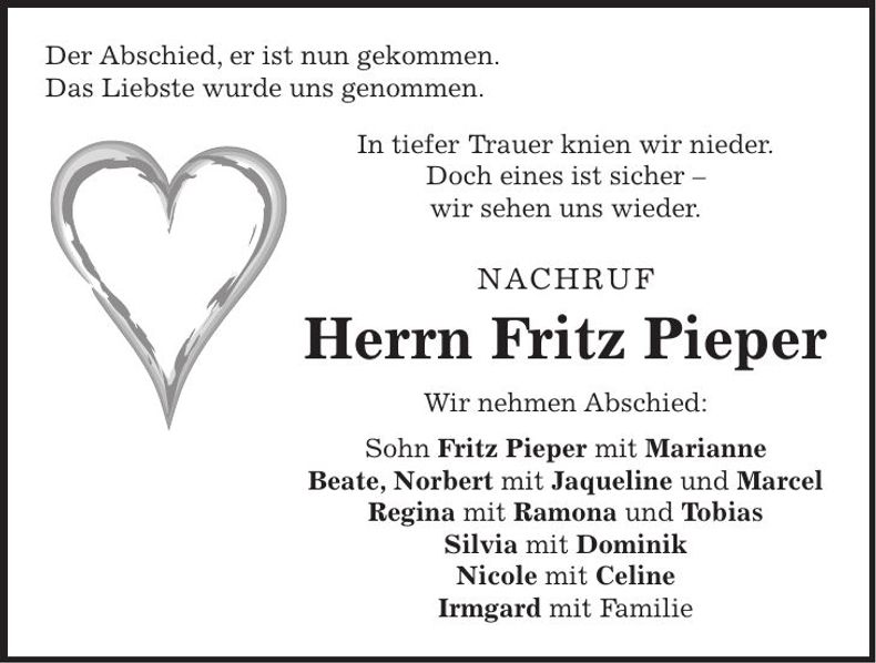 Traueranzeige Fritz Pieper
