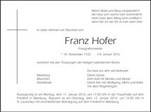 Traueranzeige Franz Hofer