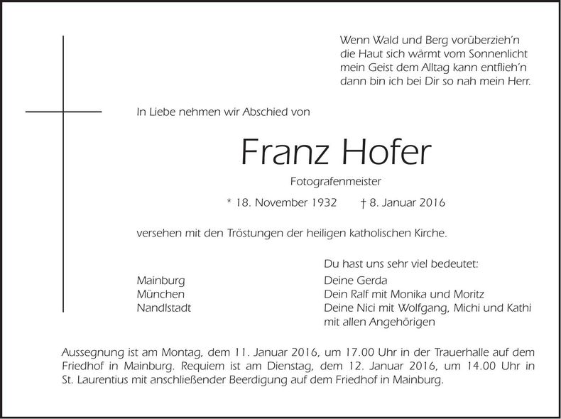 Traueranzeige Franz Hofer