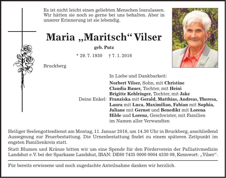 Traueranzeige Maria Vilser