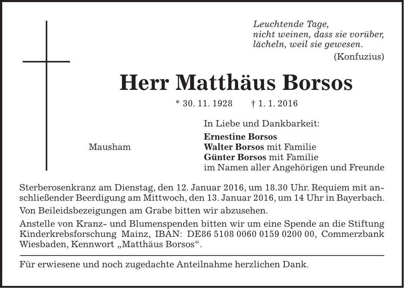 Traueranzeige Matthäus Borsos