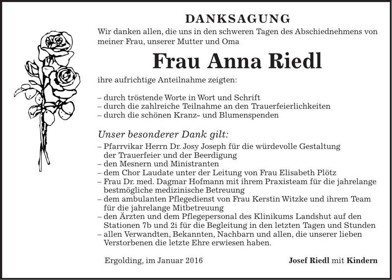 Traueranzeige Anna Riedl