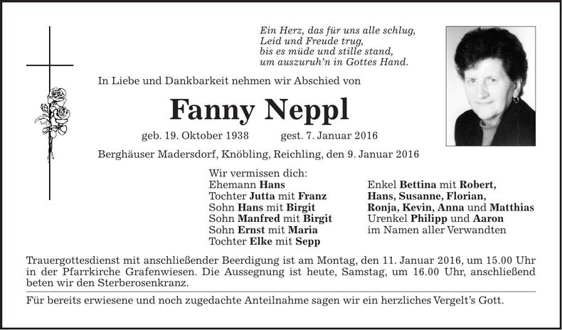 Traueranzeige Fanny Neppl