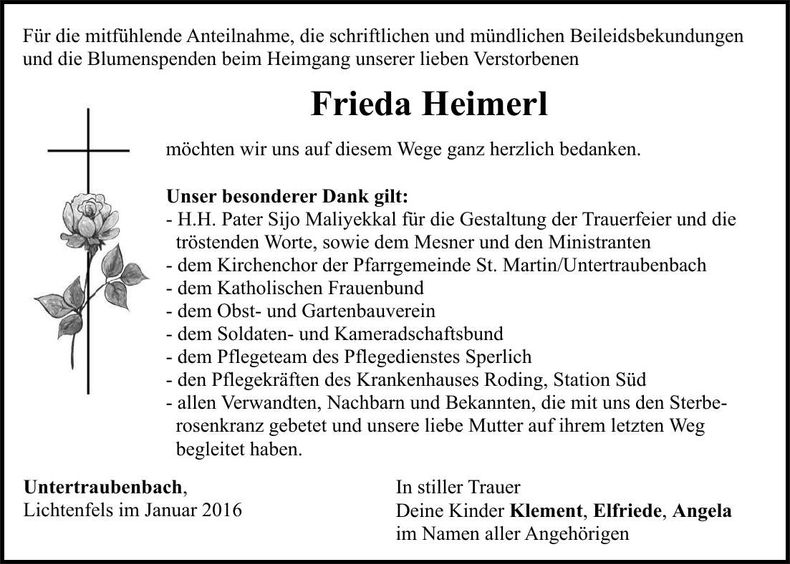 Traueranzeige Frieda Heimerl