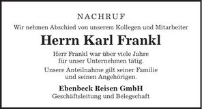 Traueranzeige Frankl Karl