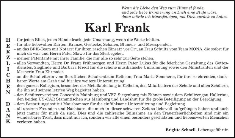 Traueranzeige Karl Frank