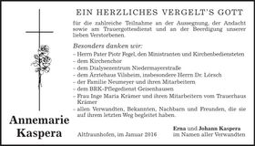 Traueranzeige Annemarie Kaspera