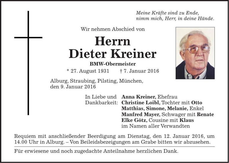 Traueranzeige Dieter Kreiner