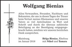 Traueranzeige Wolfgang Bienias