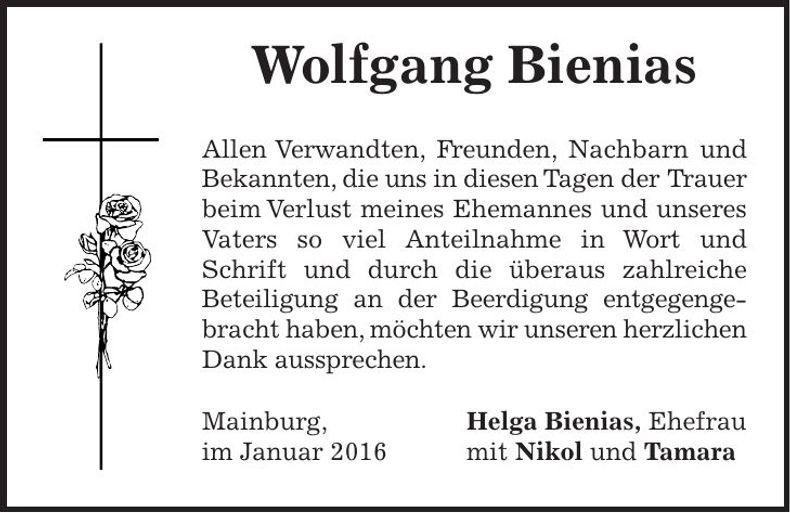 Traueranzeige Wolfgang Bienias