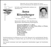 Traueranzeige Anna Ritzenberger