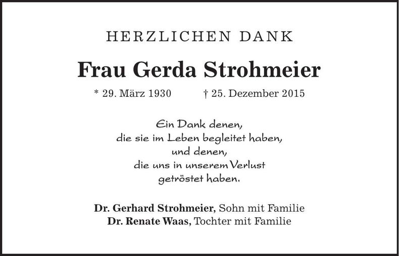 Traueranzeige Gerda Strohmeier