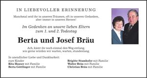 Traueranzeige Berta u. Josef Bräu